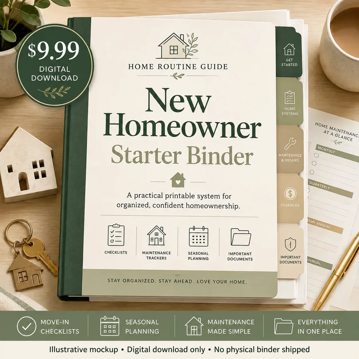 Illustrative New Homeowner Starter Binder mockup: $9.99 digital download; no physical binder shipped